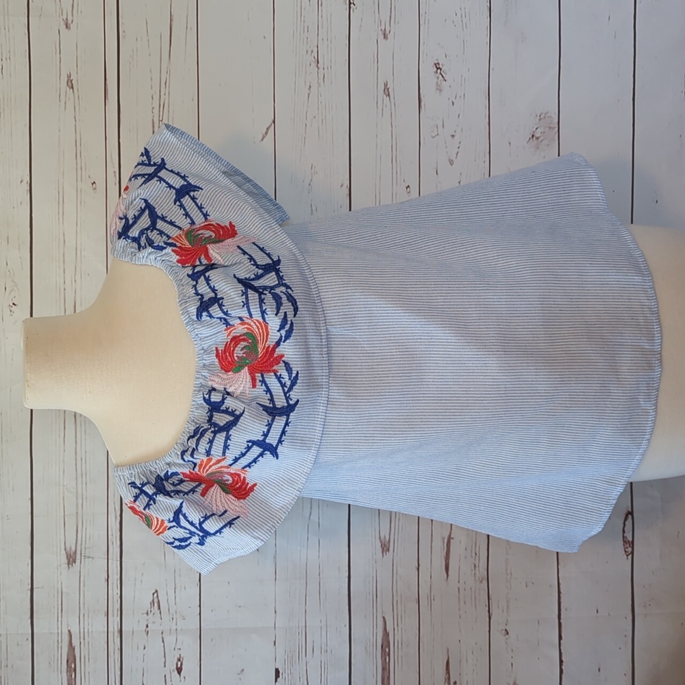 Entro Blue and White‎ Striped Off Shoulder Ruffle Peasant Top Boho Embroidered
